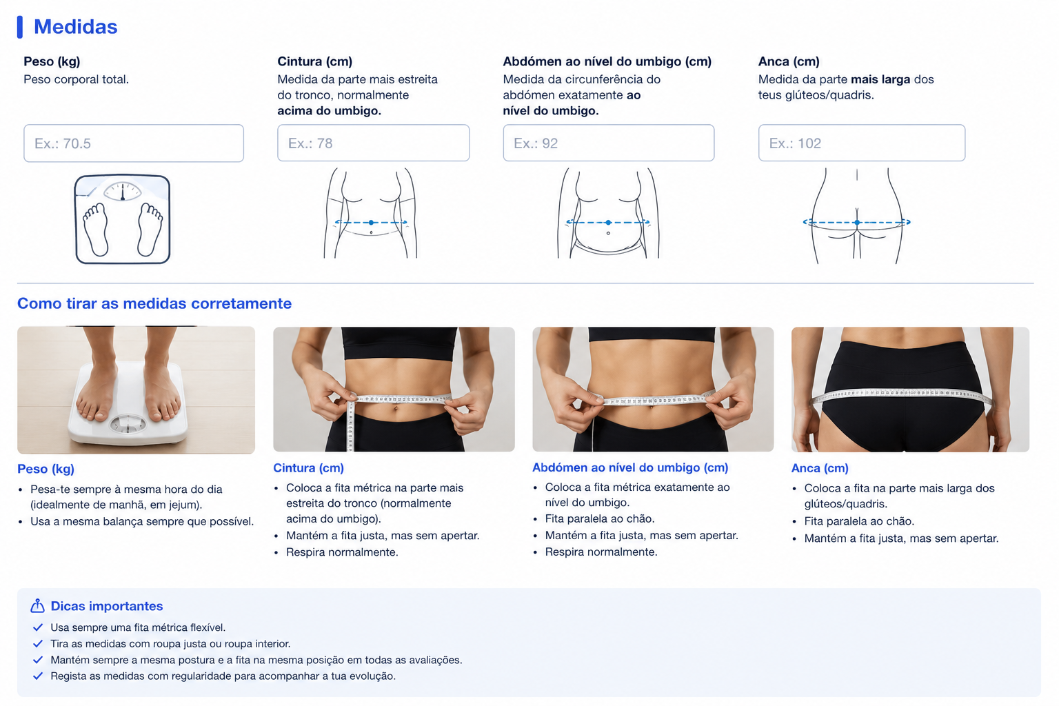 Guia ilustrado para medir peso, cintura, abdómen ao nível do umbigo e anca